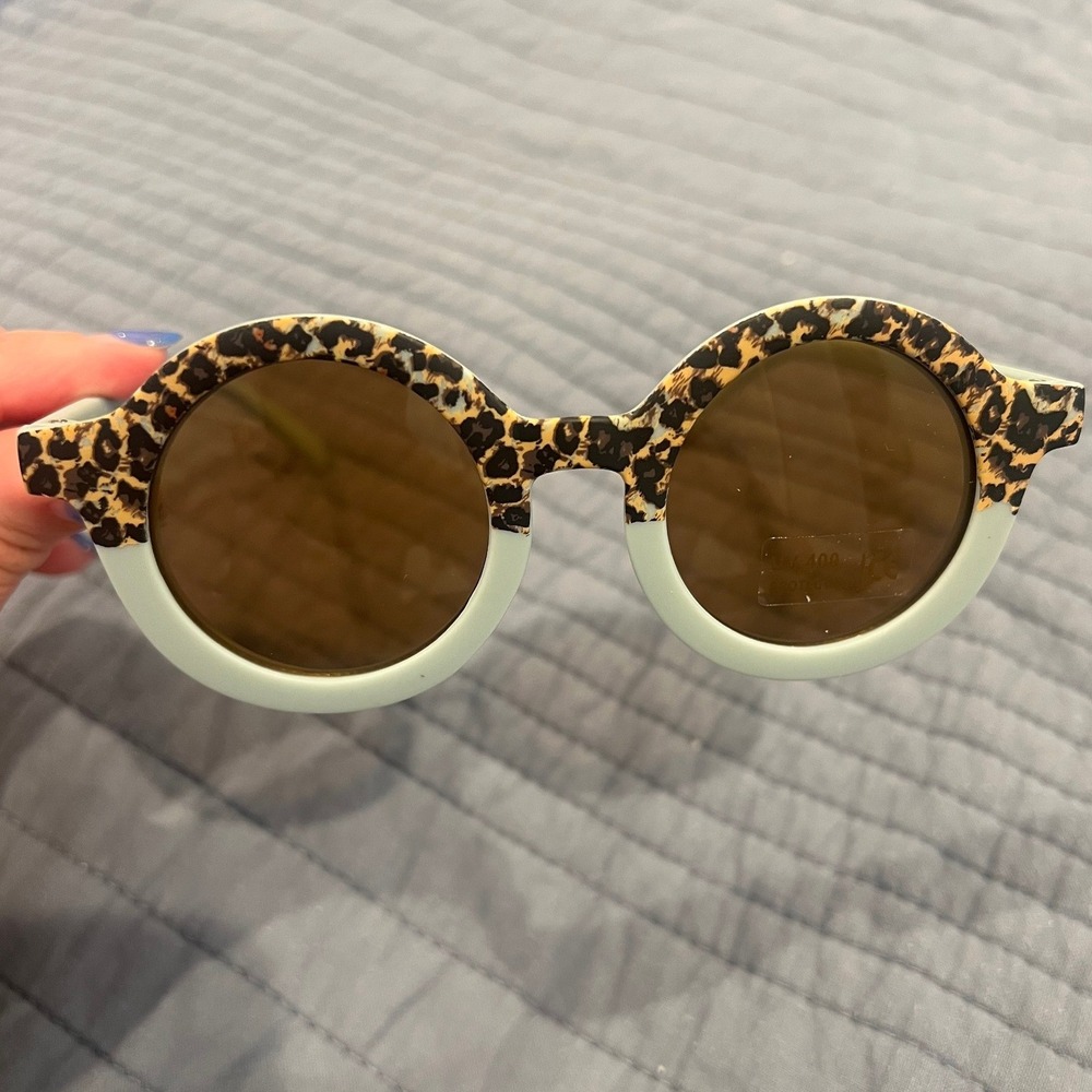 Kids Round Leopard Print Blue Two Tone Sunglasses Brown Lens